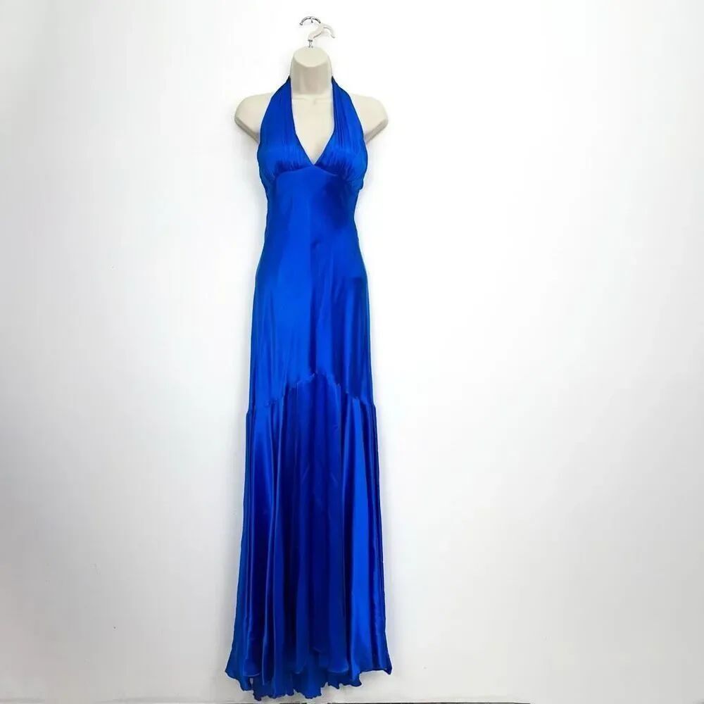 Cache Vintage Cobalt Blue Liquid Silk Halter Fishtail Maxi Gown - Picture 2 of 16